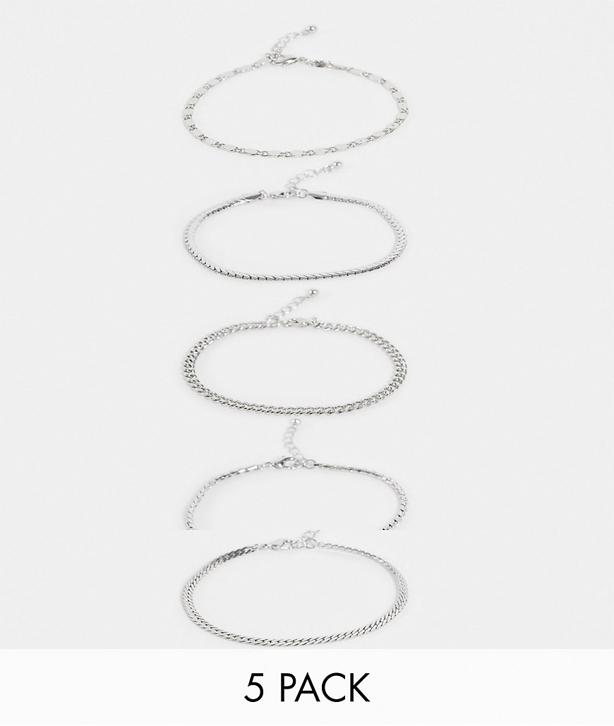 ASOS DESIGN 5-pack skinny chain bracelets set in silver tone