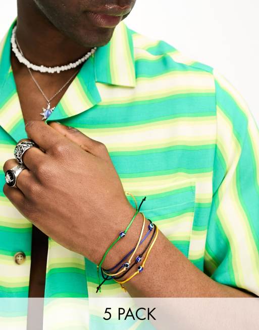 ASOS DESIGN 5 pack skinny cord bracelet set with evil eye beads in multi color 