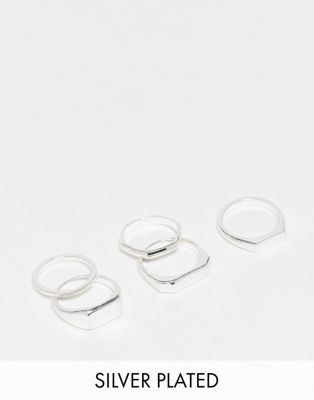 ASOS DESIGN 5 pack skinny ring set in silver plate
