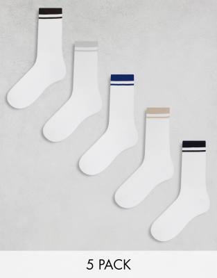 Asos Design 5 Pack Socks In White With Colored Piping