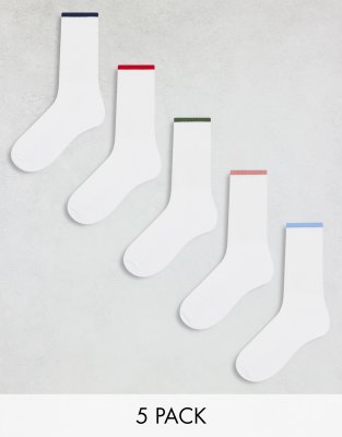 Asos Design 5 Pack Socks In White With Colored Piping