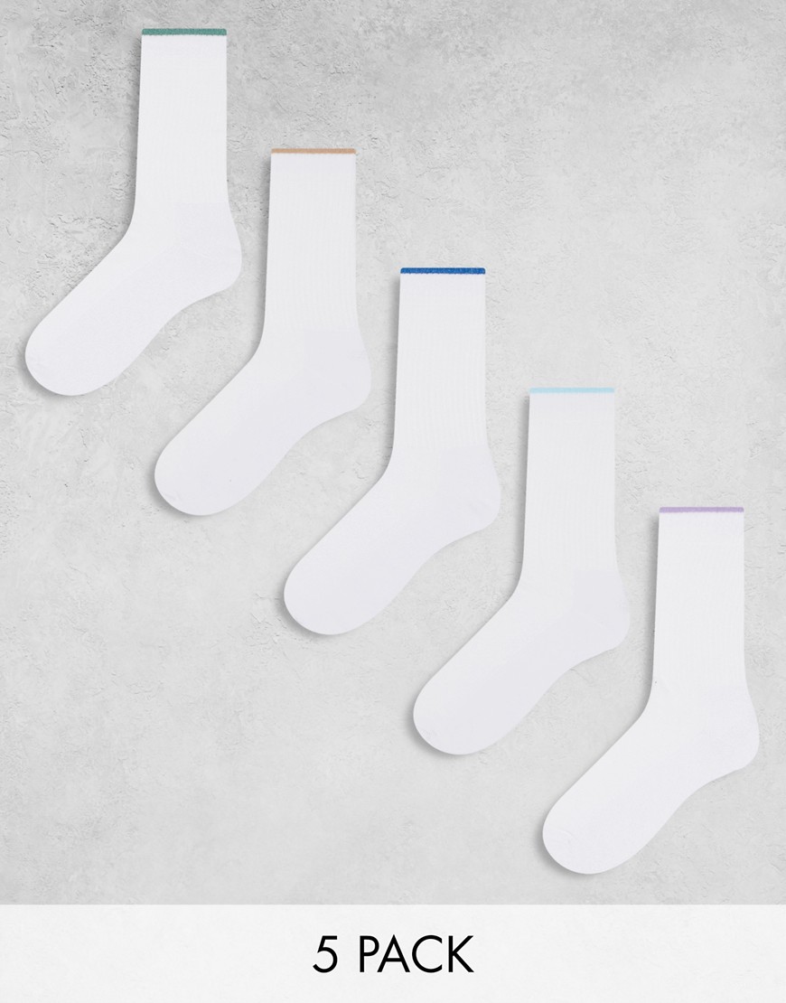 5 pack socks with contrast welt in white
