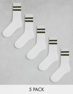 Asos Design 5 Pack Sport Socks In White With Black Stripe In White