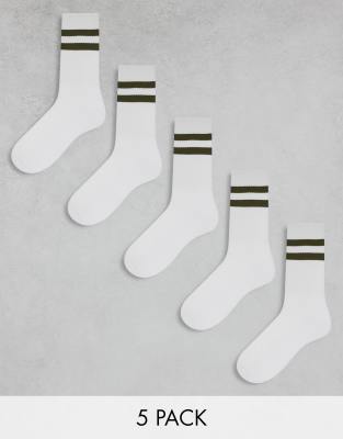 Asos Design 5 Pack Sport Socks In White With Black Stripe