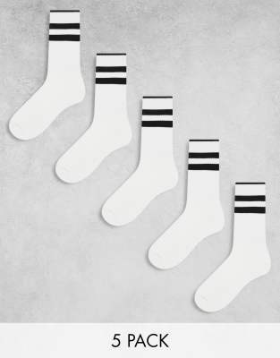 Asos Design 5 Pack Sport Socks In White With Black Stripe In Neutral