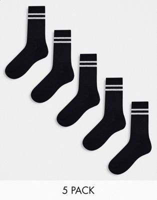 Asos Design 5-pack Sport Socks In Black With White Stripe