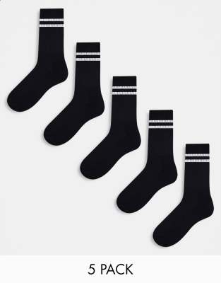 Asos Design 5-pack Sport Socks In Black With White Stripe In Black