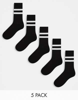 ASOS DESIGN ASOS DESIGN 5 pack sport socks in black with white stripe