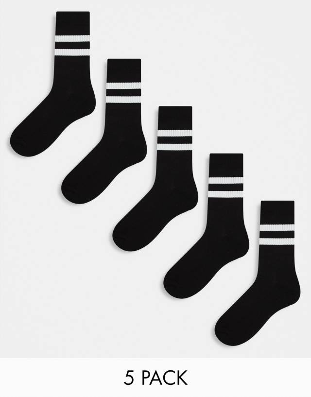 ASOS DESIGN - 5 pack sport socks in black with white stripe