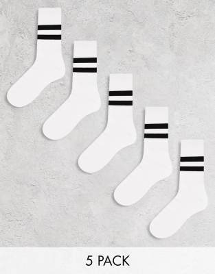 Asos Design 5 Pack Sport Socks In White With Black Stripe
