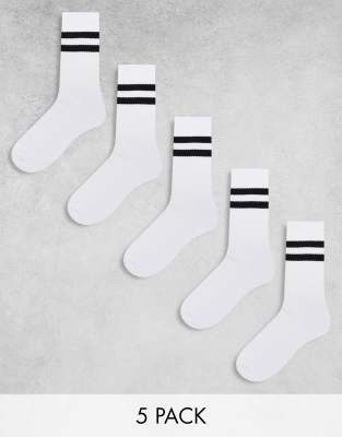 Asos Design 5 Pack Sport Socks In White With Black Stripe