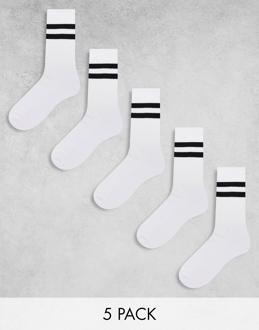 ASOS DESIGN 5 pack sport socks in white with black stripe
