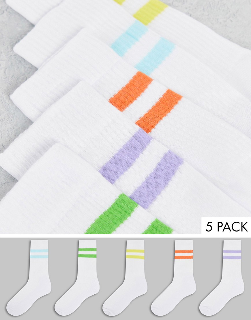 ASOS DESIGN 5-pack sport socks with color block stripes in white