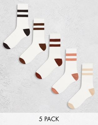 ASOS DESIGN 5 pack sports sock in off-white with neutral stripes