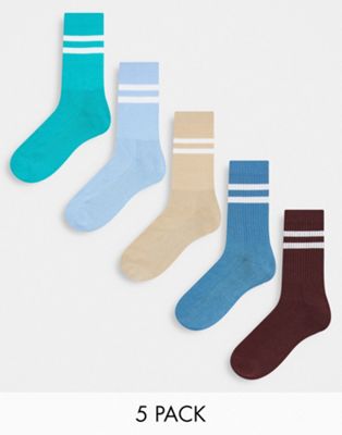 ASOS DESIGN 5 pack sports socks in collegiate colours with white stripe