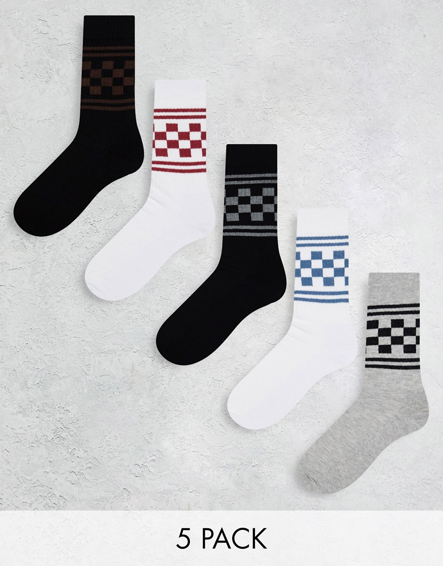 ASOS DESIGN 5 pack sports socks in white, black and gray with checkerboard