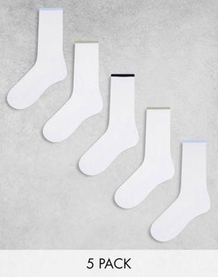 ASOS DESIGN 5-PACK SPORTS SOCKS IN WHITE WITH GREEN, BLUE AND BLACK TIPPING DETAIL-MULTI