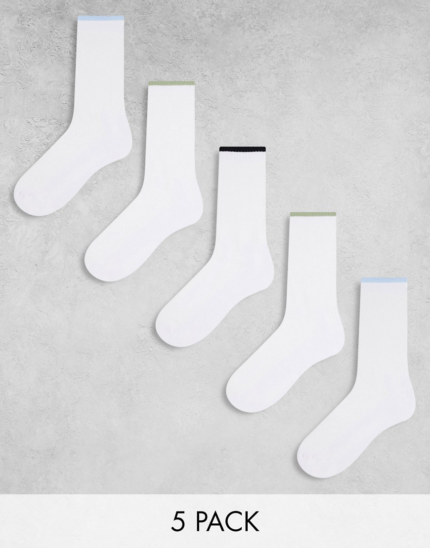 5-pack sports socks in white with green, blue and black tipping detail-Multi