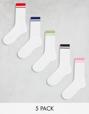 Asos Design 5 Pack Sports Socks In White With Navy, Red, Brown, Purple And Green Tipping Detail-multi