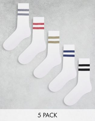 ASOS DESIGN 5 pack sports socks in white with stripe