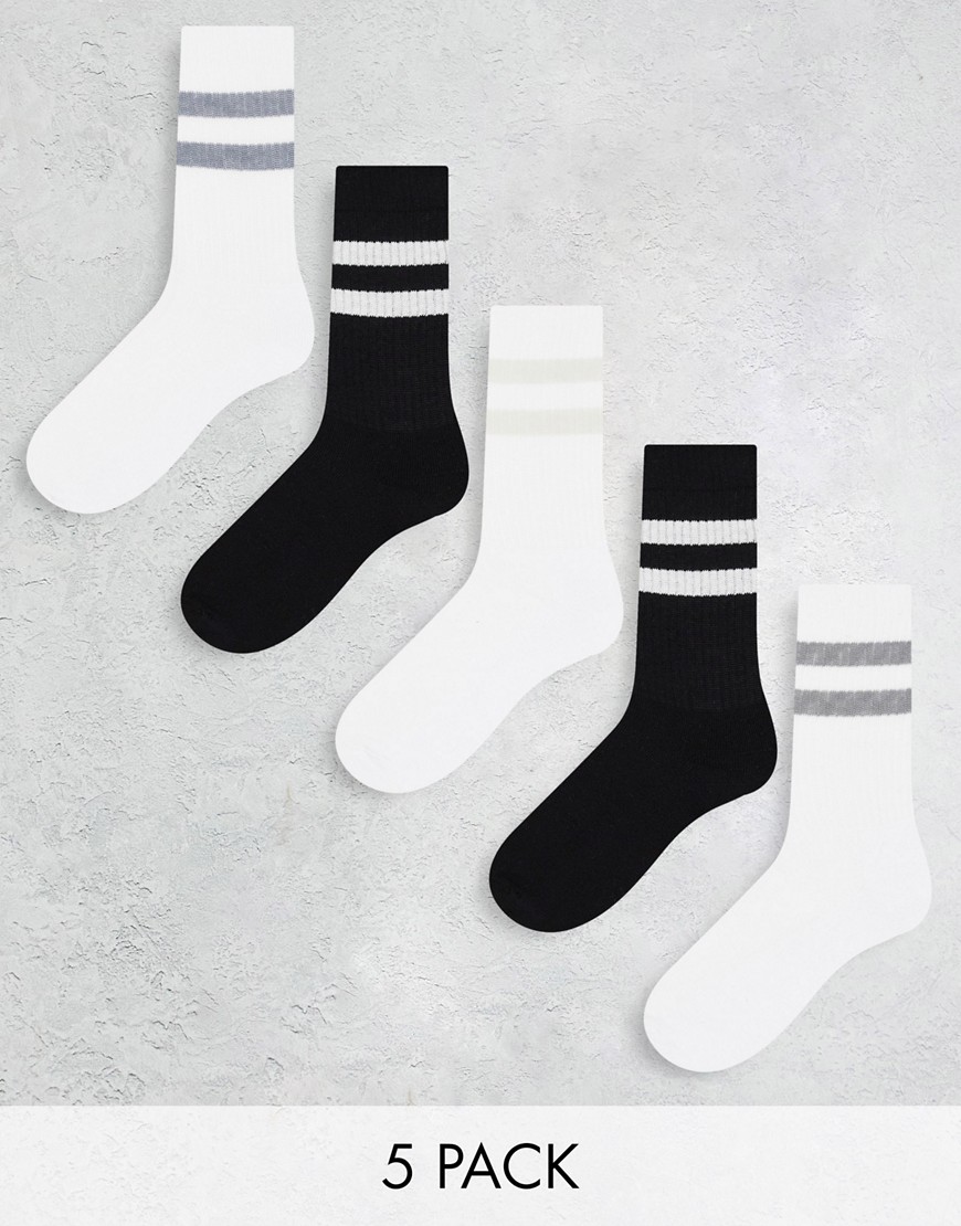 ASOS DESIGN 5-pack sports socks with stripe in monochrome-Multi