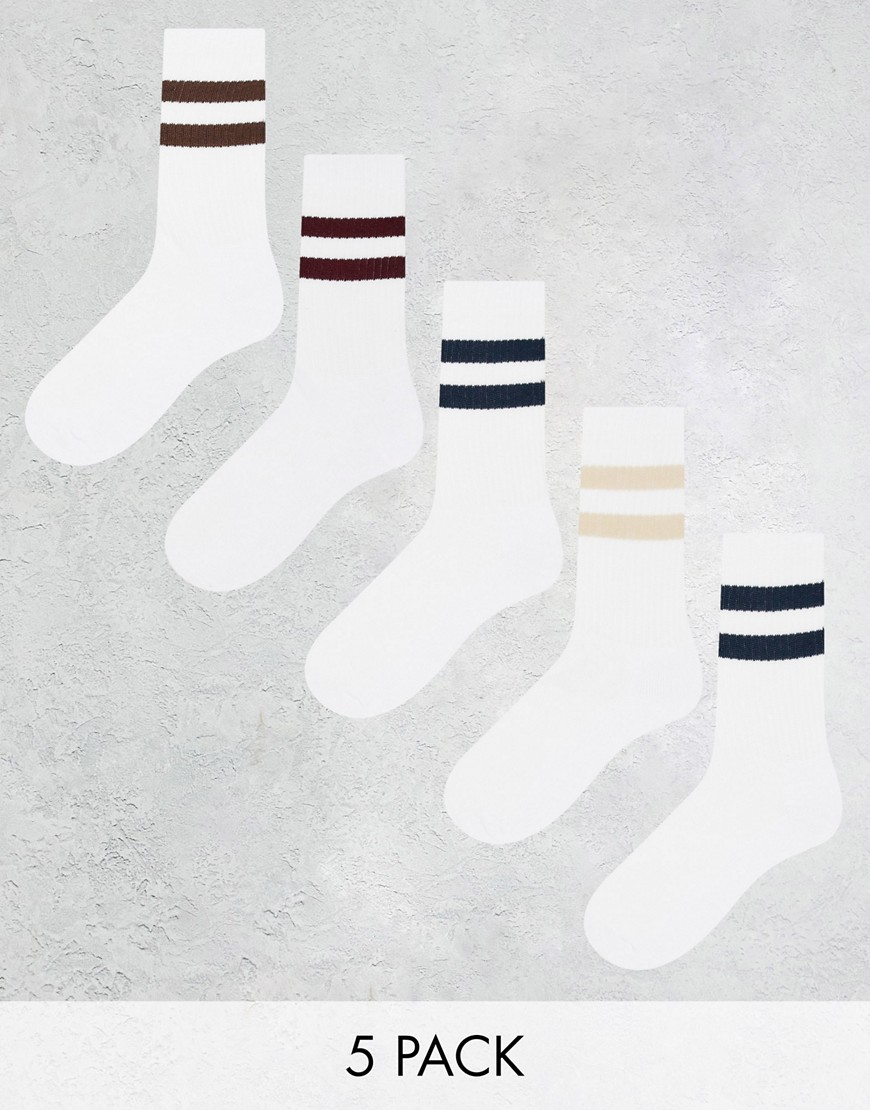 ASOS DESIGN 5-pack sports socks with stripes in autumnal tones-White