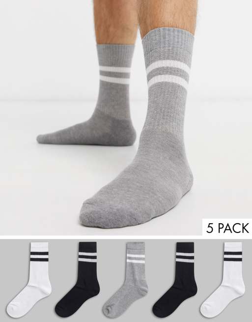 ASOS DESIGN 5 pack sports style socks in monochrome with stripes 