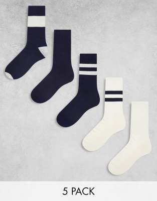 ASOS DESIGN 5 pack stripe sports socks in navy and ecru | ASOS