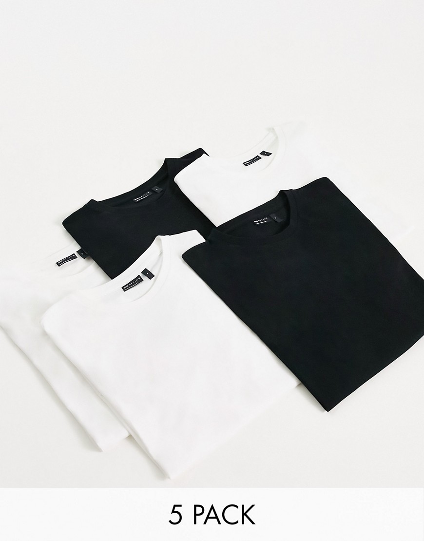 ASOS DESIGN 5 pack t-shirt with crew neck in black & white-Multi