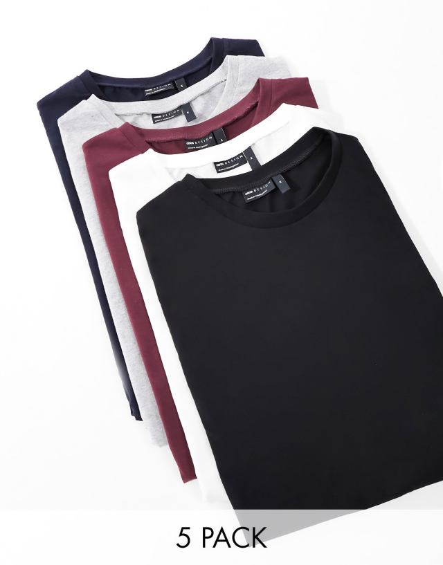 ASOS DESIGN 5 pack t-shirt with crew neck in multiple colors