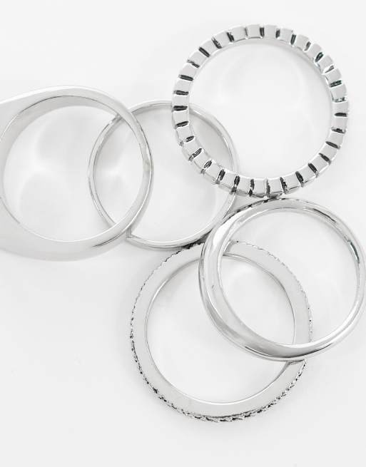 ASOS DESIGN 5 pack textured detail band and signet ring in burnished silver, 2 of 3