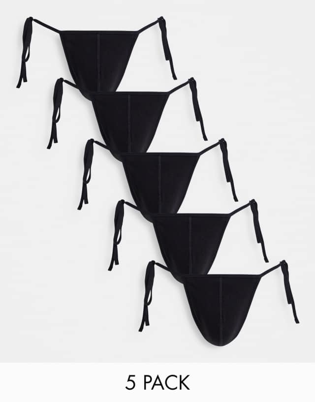 ASOS DESIGN 5 pack tie side thongs in black