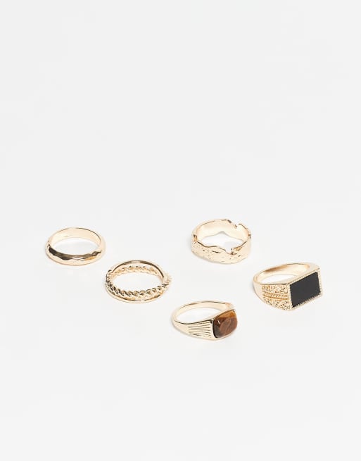 ASOS DESIGN 5 pack tigers eye and black agate semi-precious rings in gold tone