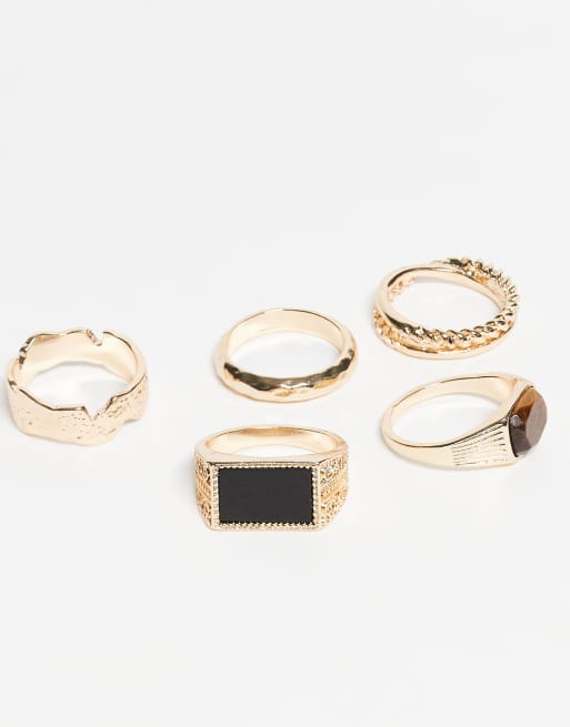 ASOS DESIGN 5 pack tigers eye and black agate semi-precious rings in gold  , 2 of 3
