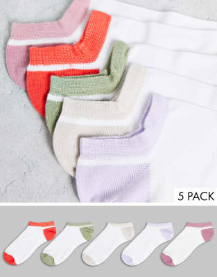 ASOS DESIGN 5 pack trainer socks in white with colour block heel