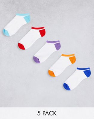 ASOS DESIGN 5 pack trainer socks with colourblock heel and toe in white  | ASOS