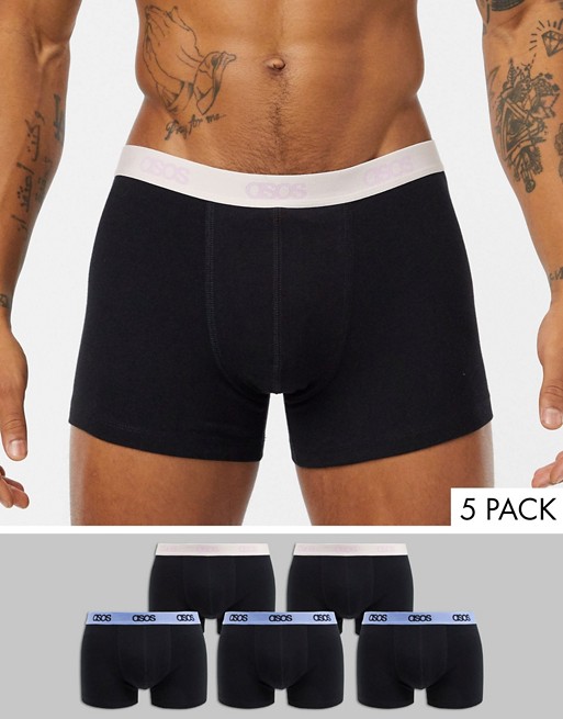 ASOS DESIGN 5 pack trunk in black organic cotton blend with dusty pink and pale blue branded waistbands
