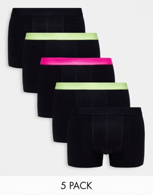 ASOS DESIGN 5 pack trunks in black with bright pink and green waistband - ASOS Price Checker