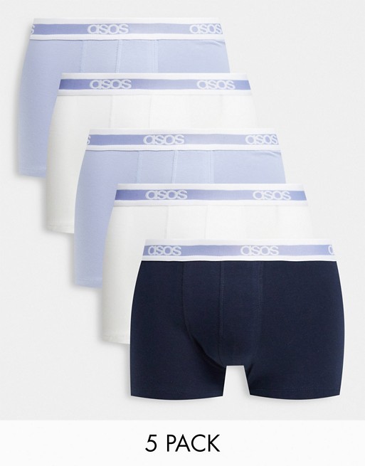 ASOS DESIGN 5 pack trunks in blue and white with branded waistband