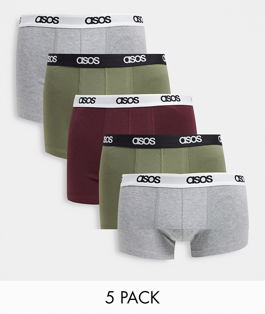 ASOS DESIGN 5 pack trunks in burgundy khaki & gray-Multi