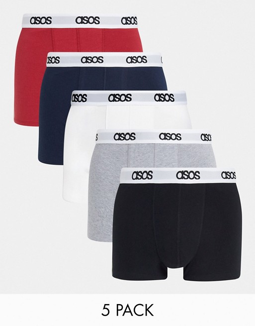 ASOS DESIGN 5 pack trunks in core colours