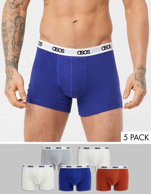 ASOS DESIGN 5 pack trunks in grey marl white and blue organic cotton with branded waistband
