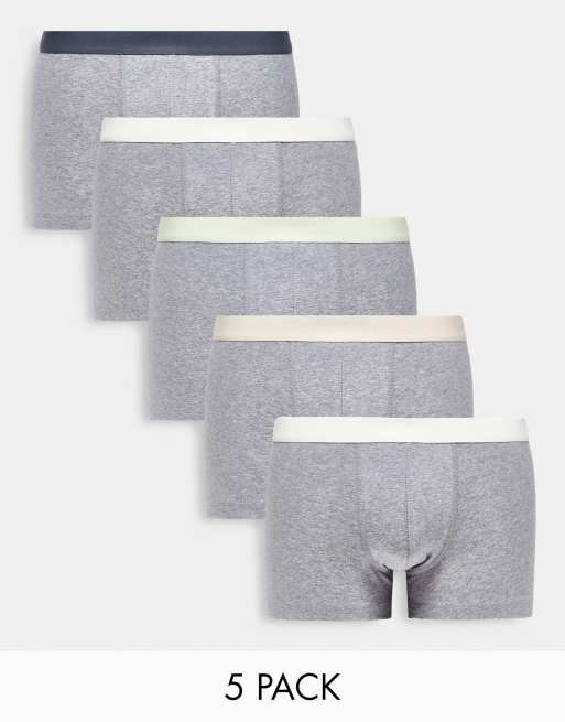 ASOS DESIGN 5 pack trunks in grey with contrast waistband