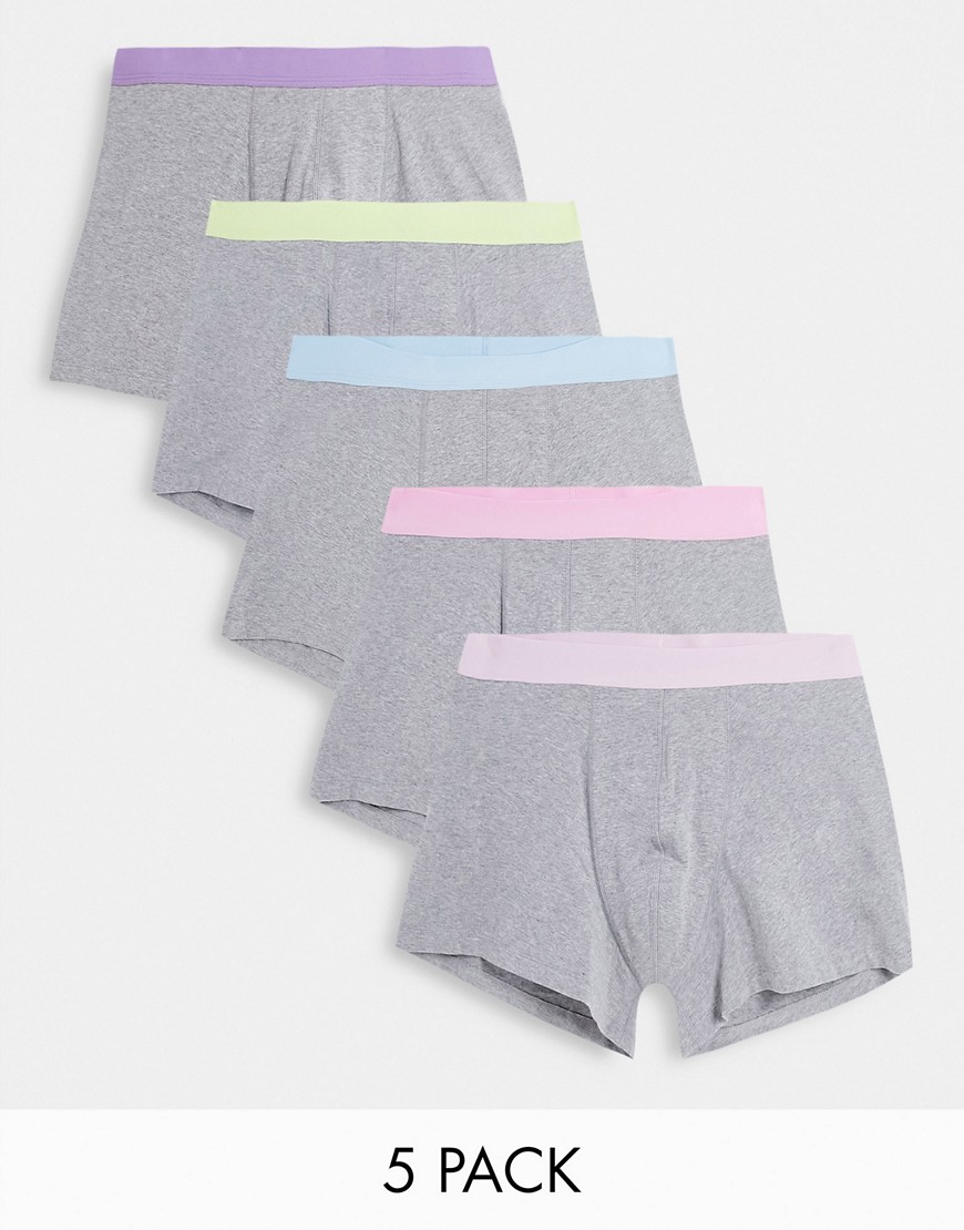 ASOS DESIGN 5 pack trunks in grey with pastel waistband