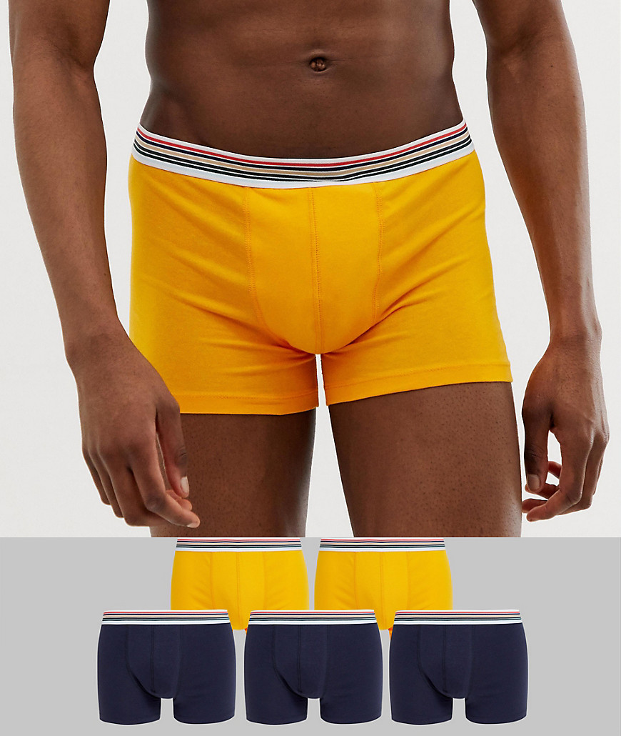 ASOS DESIGN 5 pack trunks in navy and yellow with stripe waistband save