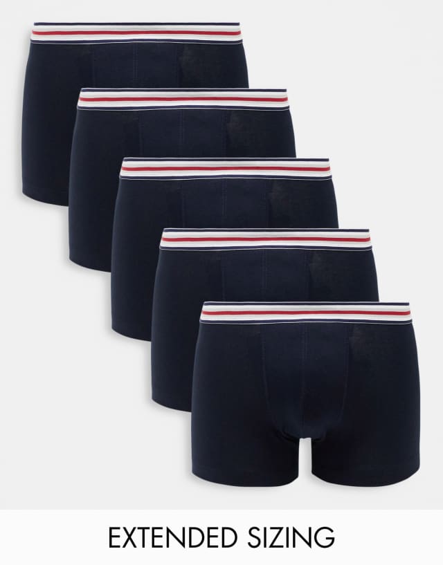 ASOS DESIGN 5 pack trunks in navy with stripe waistband