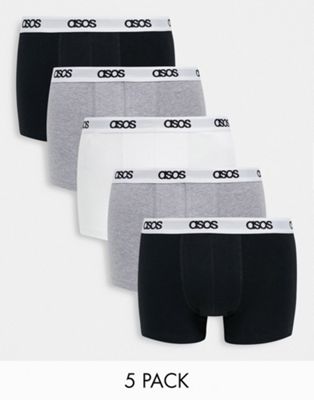 ASOS DESIGN 5 pack trunks with branded waistband in black/grey/white | ASOS