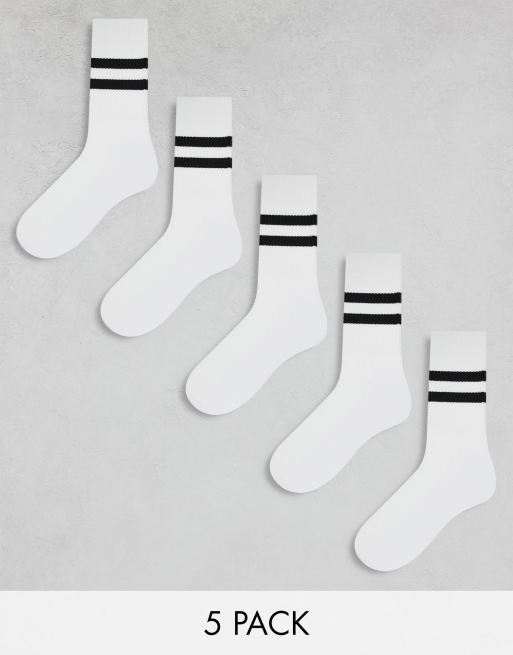 ASOS DESIGN – 5-pack vita sportstrumpor med svarta ränder