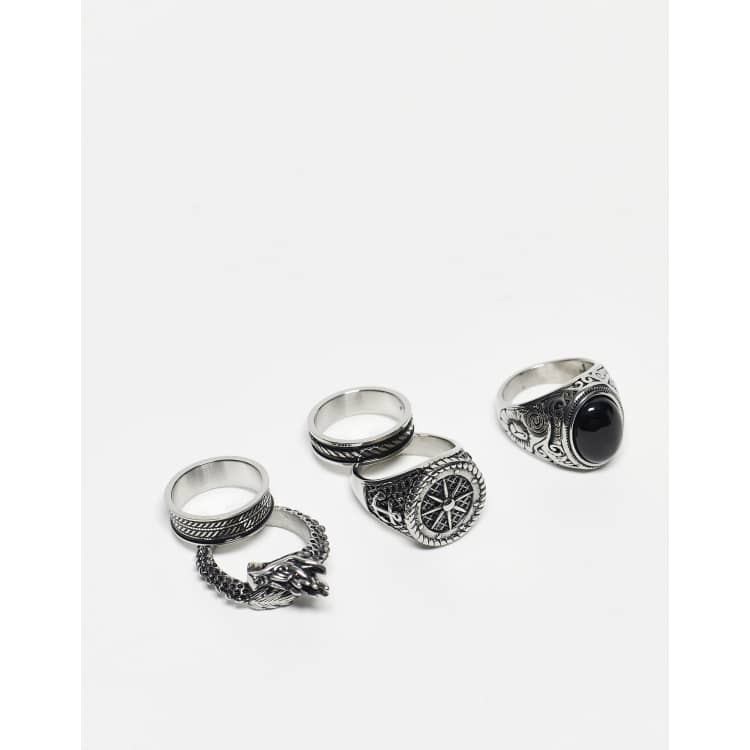 ASOS DESIGN 5 pack waterproof stainless steel signet rings with