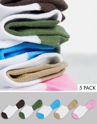 ASOS DESIGN 5 pack white liner socks with colourblock toe